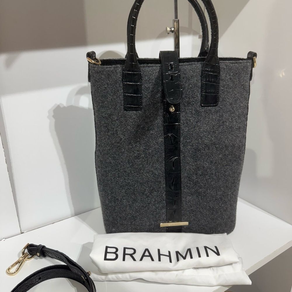 Brahmin Gray Felt and Black Croc-Embossed Leather Satchel